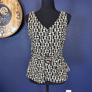 Monteau Black and Cream Geometric Belted Linen Blend Tank | Size Medium